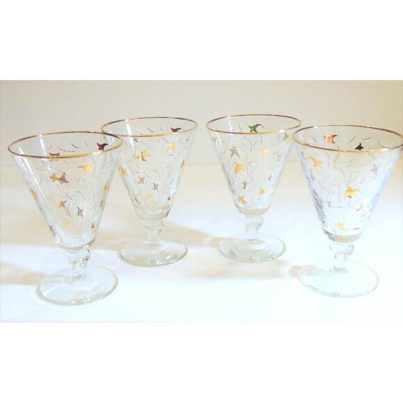 Libbey Royal Fern Wine Glass Set 4 Stem Gold Leaf Water Juice Mid Century 50s